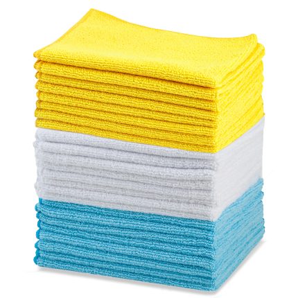 Microfiber Cleaning Cloths, Ultra Absorbent, Lint Free, Streak Free, Non-Abrasive, Reusable and Washable, 16" x 12", Blue/White/Yellow, Pack of 24