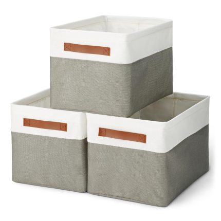 Collapsible Storage Bins with Faux Leather Handles, Charcoal, Large, Pack of 3