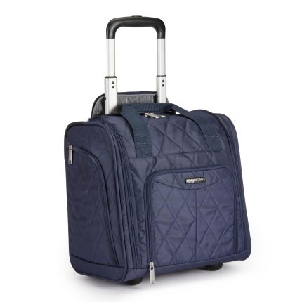 Underseat Carry On Luggage with Wheels - 14" Rolling Travel Bag, Navy Quilted
